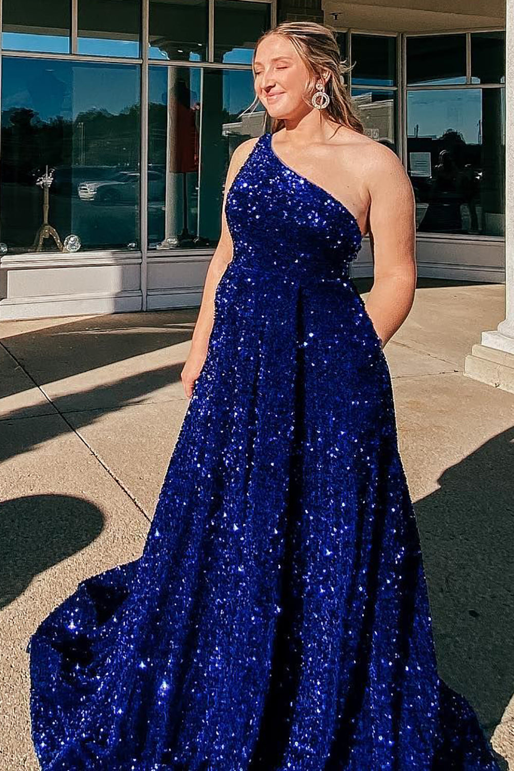 Weitese A-line One Shoulder Royal Blue Prom Dress with Beading